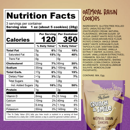 Gluten Free Cookies Oatmeal Raisin, Crunch & Smile 12 Pack, 3oz Bag